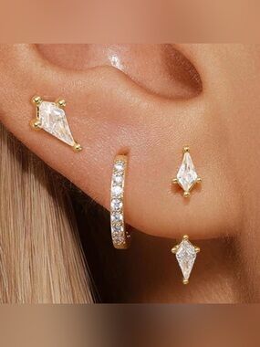 14K Gold Plated CZ Huggie Hoop and Kite Stud Earring Set - NEW 3 Styles Included